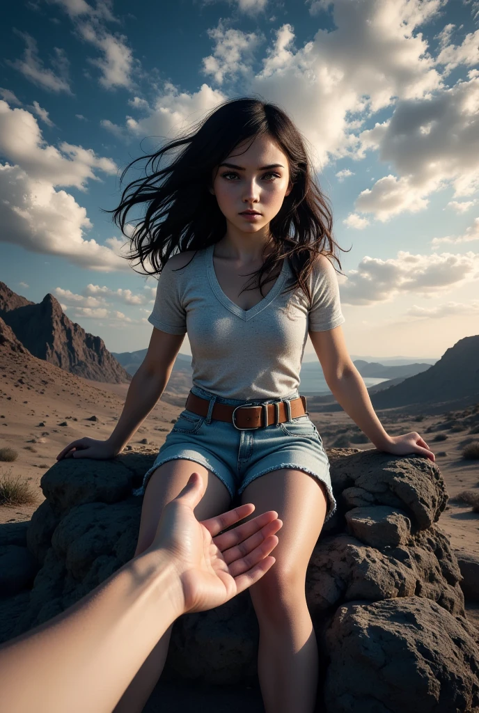 a young girl sitting in the desolate, monochrome landscape, her tattered clothes and fading form merging into the bleak, sand-swept scene, a hand reaching out from the frame to offer her salvation, highly detailed, high resolution, masterpiece