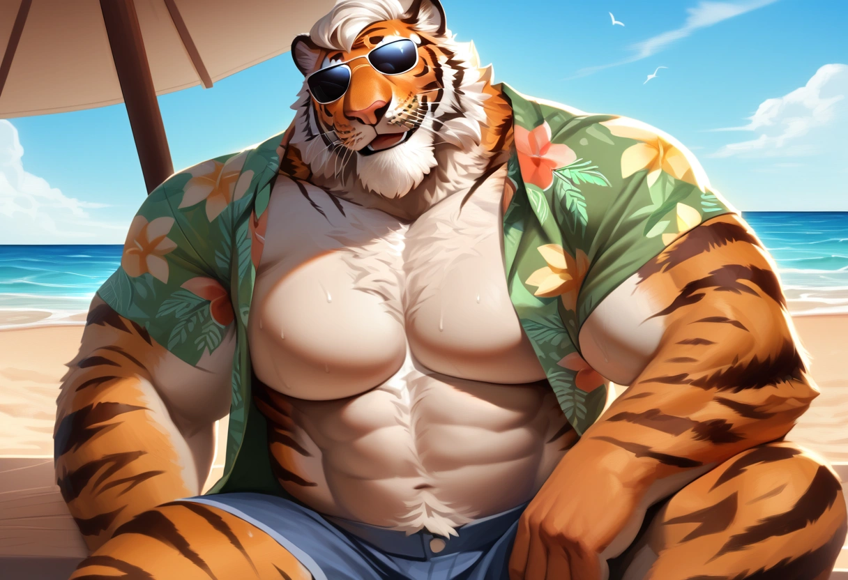 solo, 1boy, Muscular Old man, furry tiger, wide shoulder, pectoral, thick arms, huge pectoral, wide pectoral, happy, smile, sitting, sunglasses, beach, short white hair, detailed eyes, shorts, sweat, hawaiian shirt, open shirt, masterpiece, semirealistic:1.2, high detailed, 8k, high resolution