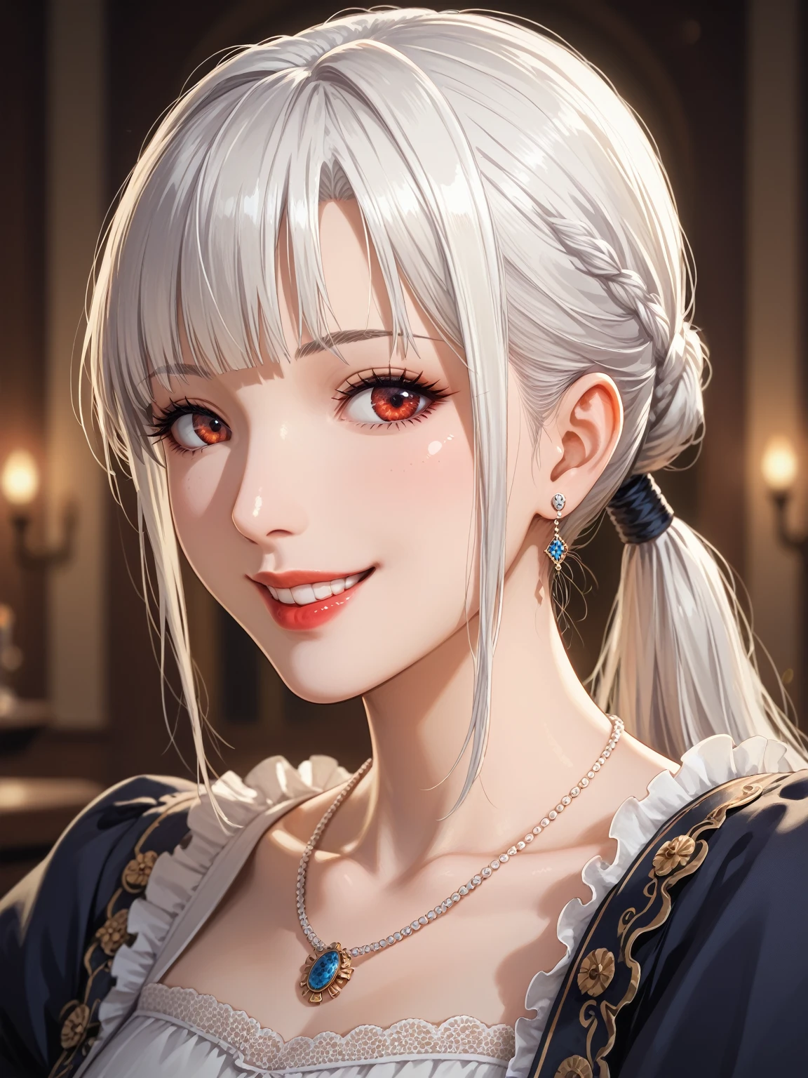 masterpiece, best quality, anime 2d artstyle, 1woman, no smile and charming young woman, 27 year old, happy look, portrait, extremely detailed face, red eyes color, [thick eyebrow] Beautiful, full body, western, Jewish, smile face, red lips, white hair color, jewelry, Necklace, big , masterpiece, best quality, realistic, one mature female, extremely detailed face, ((length white hair)), slender, Extremely delicate and elegant face, Sexy and feminine, cinematic lighting, no makeup, Victorian era, (whole portrait), Hogwarts background, hogsks, wearing slytherin uniform, slytherin uniform, add bangs hair, look at viewer, slytherin cloak, night background, bangs hair, add ponytail hair, ponytail hair,