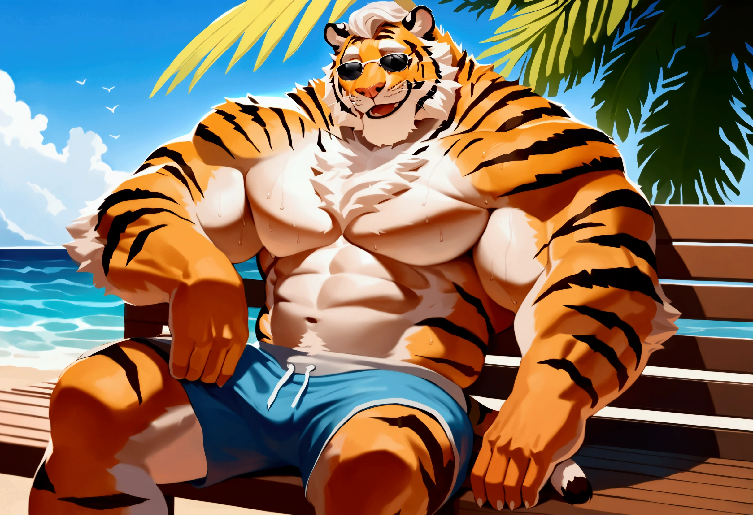 solo, 1boy, Muscular Old man, furry tiger, wide shoulder, sea on front of him, pectoral, thick arms, huge pectoral, bench, wide pectoral, happy, smile, sitting, sunglasses, beach, short white hair, detailed eyes, shorts, sweat, masterpiece, semirealistic:1.2, high detailed, 8k, high resolution