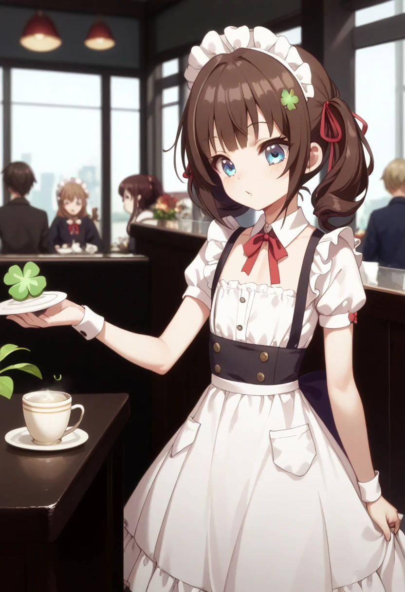 (  surreal), (8k), (  very detailed), (   best illustration  ), Cafe。   maid clothes。. flat chested。。  shorthair 。 review。  big red ribbon barrette。 four-leaf clover on clothes  。adult。In front of Kanakui  