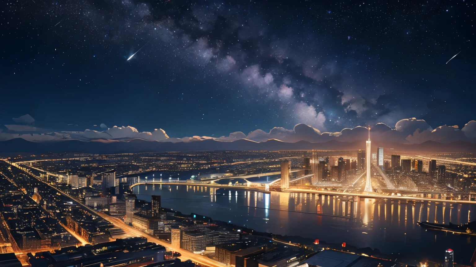 high quality, 4k, lights, night, lots of stars in the sky, focus on the sky, lots of builds on the background, big city