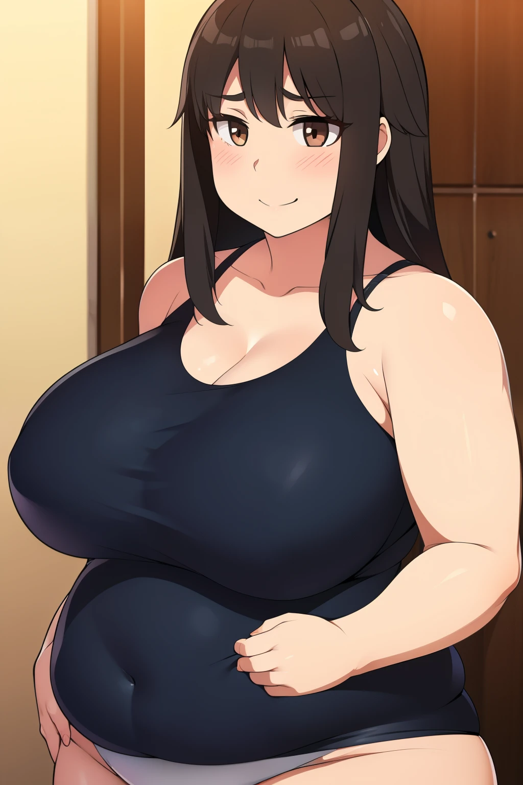 Plump  21 big breasts black hair brown eyes happy longer hair smile blushing