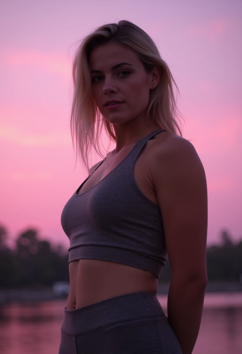 (close-up:1.2) photography of ( Marshal-esa :1.3), ( 30 years old :1.2),  blonde hair Ombré , big muscular ass, ( looking at the viewer :1.2),  hands behind the body, night,pink sky}, Dressing (cashmere curto pastel:1.2), shy, Dressing yoga pants,  flat lighting , (soft saturation :1.2),  analog style ,