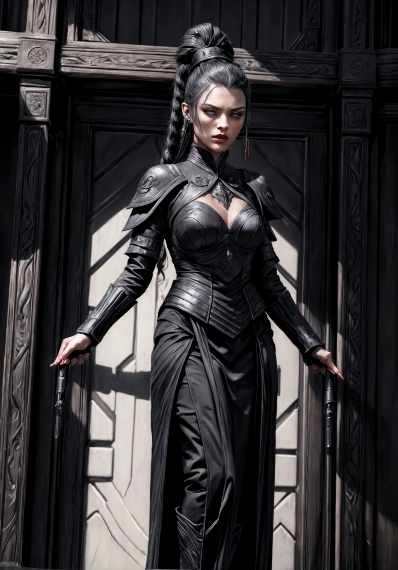 A pale and cold Sith lady in the Star Wars universe, with short, jet-black hair tied in a high ponytail. Her face is adorned with intricate red tattoos running along her eyes, symbols of her lineage. She has sharp, angular features and piercing dark eyes accentuated with heavy black makeup, giving her a menacing and regal appearance. She wears a finely detailed, dark crimson and black imperial tunic with subtle gold accents, exuding authority and elegance. The tunic hides her lightsaber, strapped discreetly at her side. She stands in an opulent yet restrained chamber – walls lined with sleek metallic panels, faint blue light casting shadows across the room. Her posture is upright and commanding, a figure of authority and deadly precision. High detail, cinematic lighting, ultra-realistic textures, masterpiece, 8K resolution, highly detailed, photorealistic art, dramatic atmosphere.