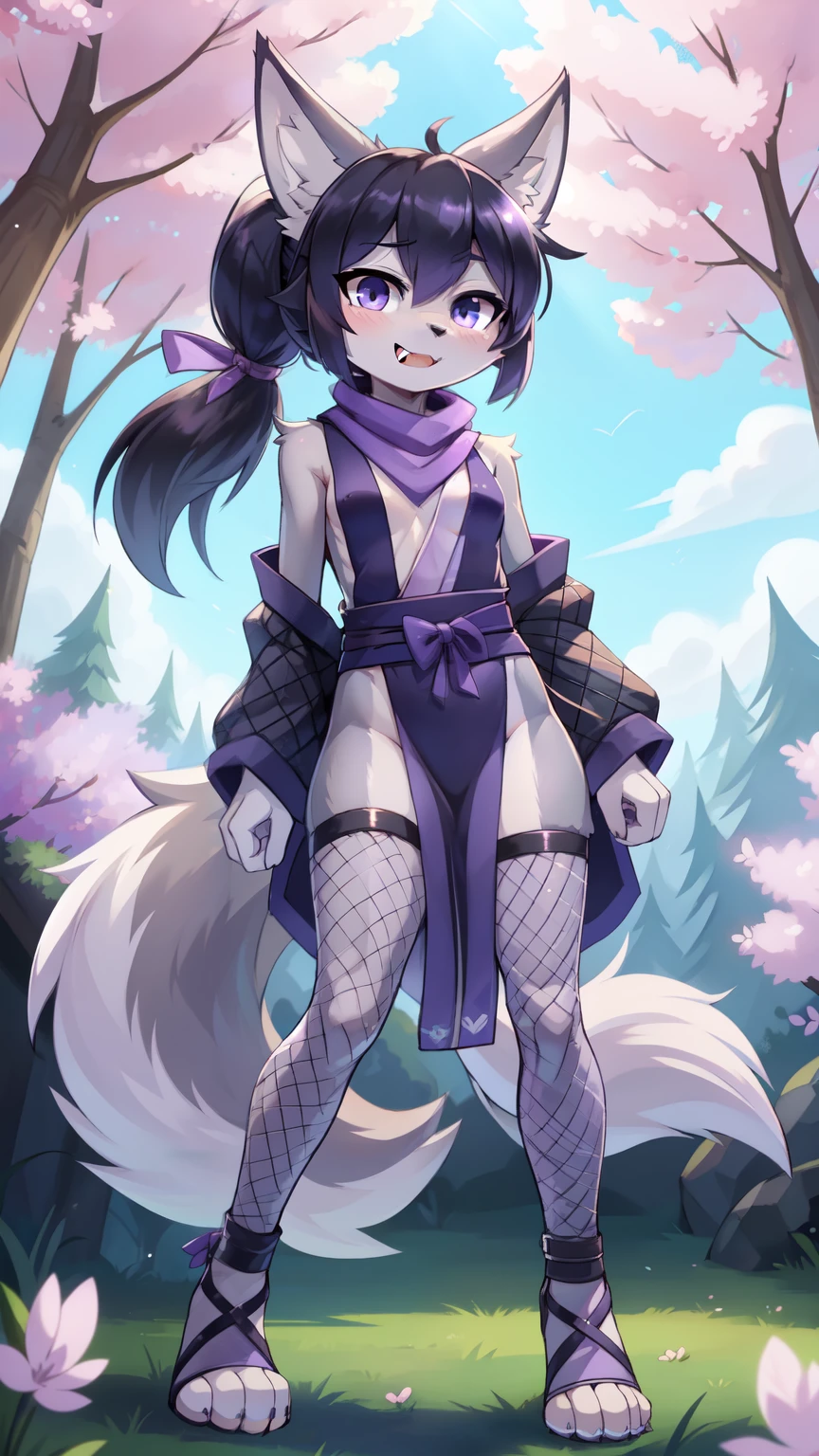 score_9,score_8_up,score_7_up, source_cartoon, source_furry, furry girl, young, wolf, black hair, hair bang covering one eye, long large ponytail, anime style, small breasts, lilac eyes, (wolf tail), (wolf ears), ((dark lilac scarf, dark blue sleeveless kimono, lilac ribbon on ponytail, fish net thights, toeless footwear)), high quality, detailed body, detailed eyes, detailed face, masterpiece, glistening body, detailed body fur, best quality, skinny, spectacular effects, detailed hands, perfect lighting, perfect shadows, perfect eyes, perfect hair, perfect face, gorgeous body, clear gray body fur, detailed hands, glistering body, shiny body, skinny, spectacular effect, fangs, solo, :3, Sakura tree forest, clear sky, full body, feets with three toes, 3 toes, short body, 