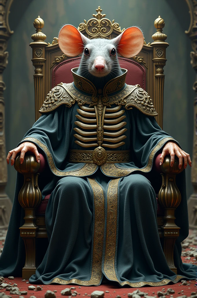 Create an image of a macabre authority using luxury items. and next to him a disgusting rat wearing a judge's robe