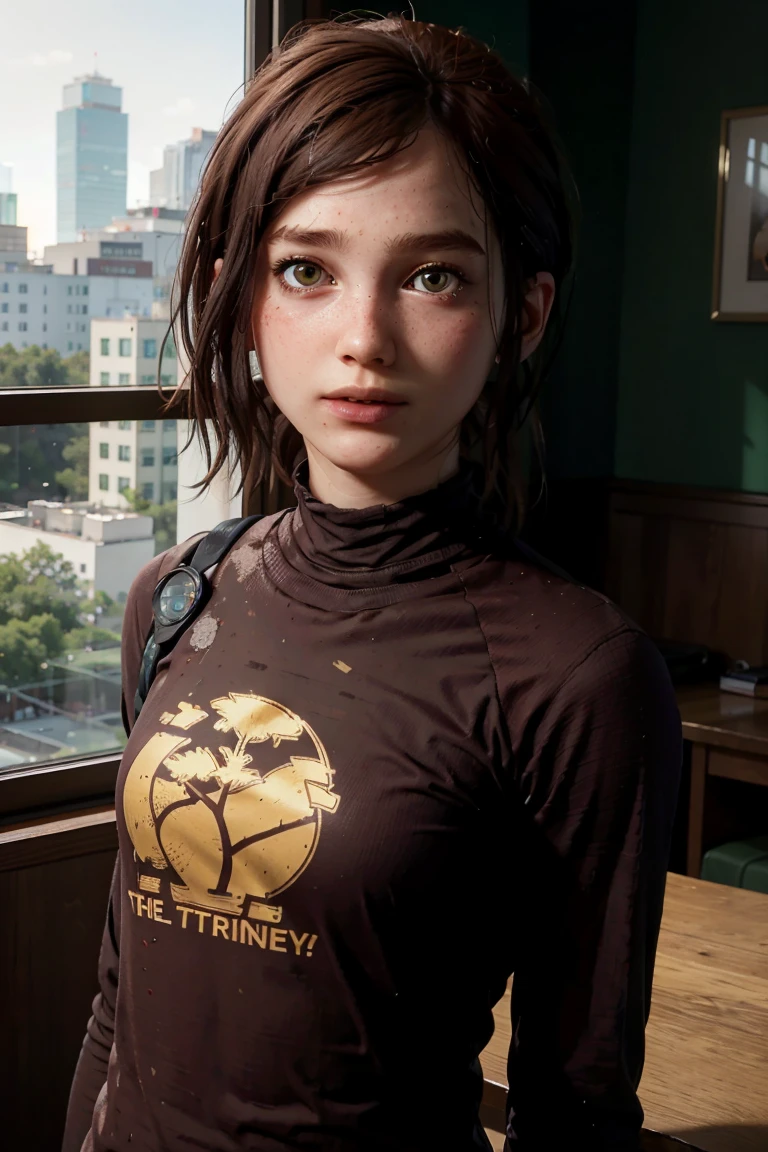 A stunning and intricate full color Ultra-HD portrait, a  girl, short brown hair, green eyes, detailed face, turtleneck dress or brown t-shirt, with 2 pale yellow palm tree logo, in a room with a window. no plants, epic character composition, alessio albi, nina masic, sharp focus, natural lighting. , subsurface dispersion, f2, 35mm,