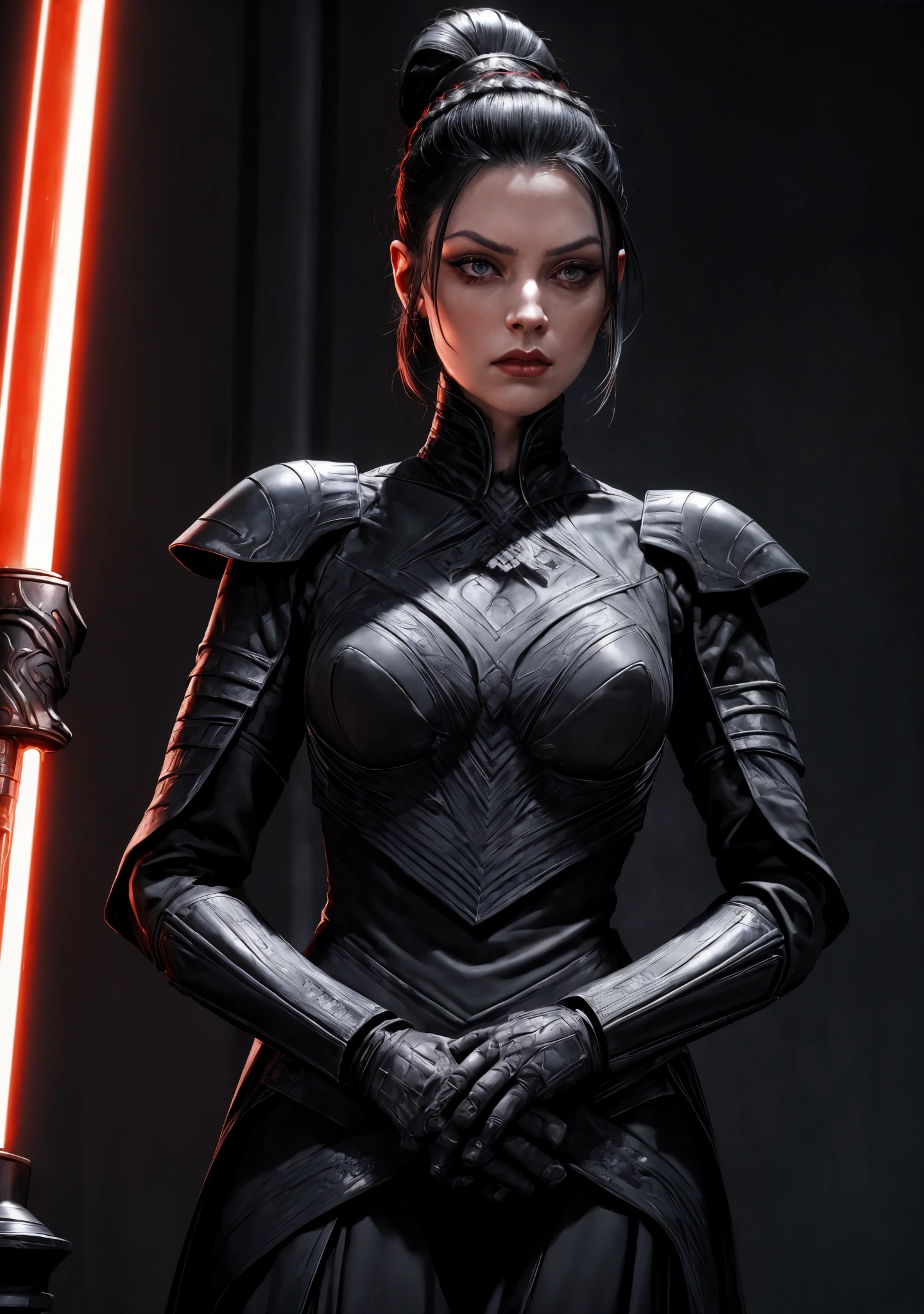 A pale and cold Sith lady in the Star Wars universe, with short, jet-black hair tied in a high ponytail. Her face is adorned with intricate red tattoos running along her eyes, symbols of her lineage. She has sharp, angular features and piercing dark eyes accentuated with heavy black makeup, giving her a menacing and regal appearance. She wears a finely detailed, dark crimson and black imperial tunic with subtle gold accents, exuding authority and elegance. The tunic hides her lightsaber, strapped discreetly at her side. She stands in an opulent yet restrained chamber – walls lined with sleek metallic panels, faint blue light casting shadows across the room. Her posture is upright and commanding, a figure of authority and deadly precision. High detail, cinematic lighting, ultra-realistic textures, masterpiece, 8K resolution, highly detailed, photorealistic art, dramatic atmosphere.