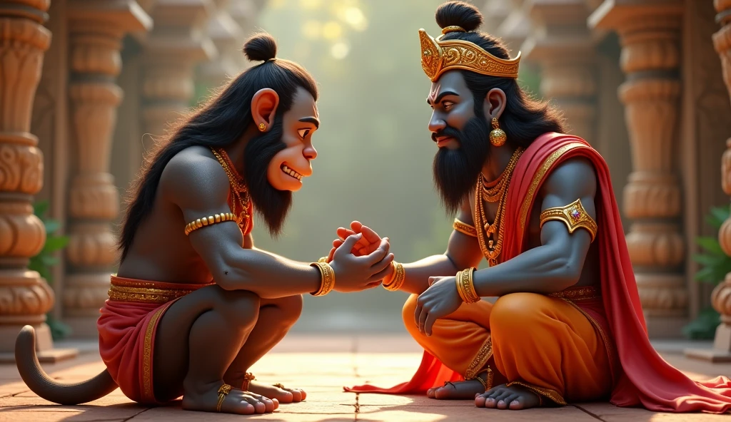 Here is a prompt to create an image based on the given chaupai from Tulsidas' Ramcharitmanas:
"An evocative scene where Sugriva, the monkey king, is shown expressing his devotion and surrender to Lord Rama. Sugriva is depicted kneeling before Lord Rama with a humble and earnest expression, imploring for His guidance and favor. Lord Rama stands with a benevolent and reassuring demeanor, extending His hand towards Sugriva. The background features a lush forest setting, representing the Vanara kingdom. The image should convey a sense of deep devotion and surrender, highlighting the theme of complete trust in divine will."
