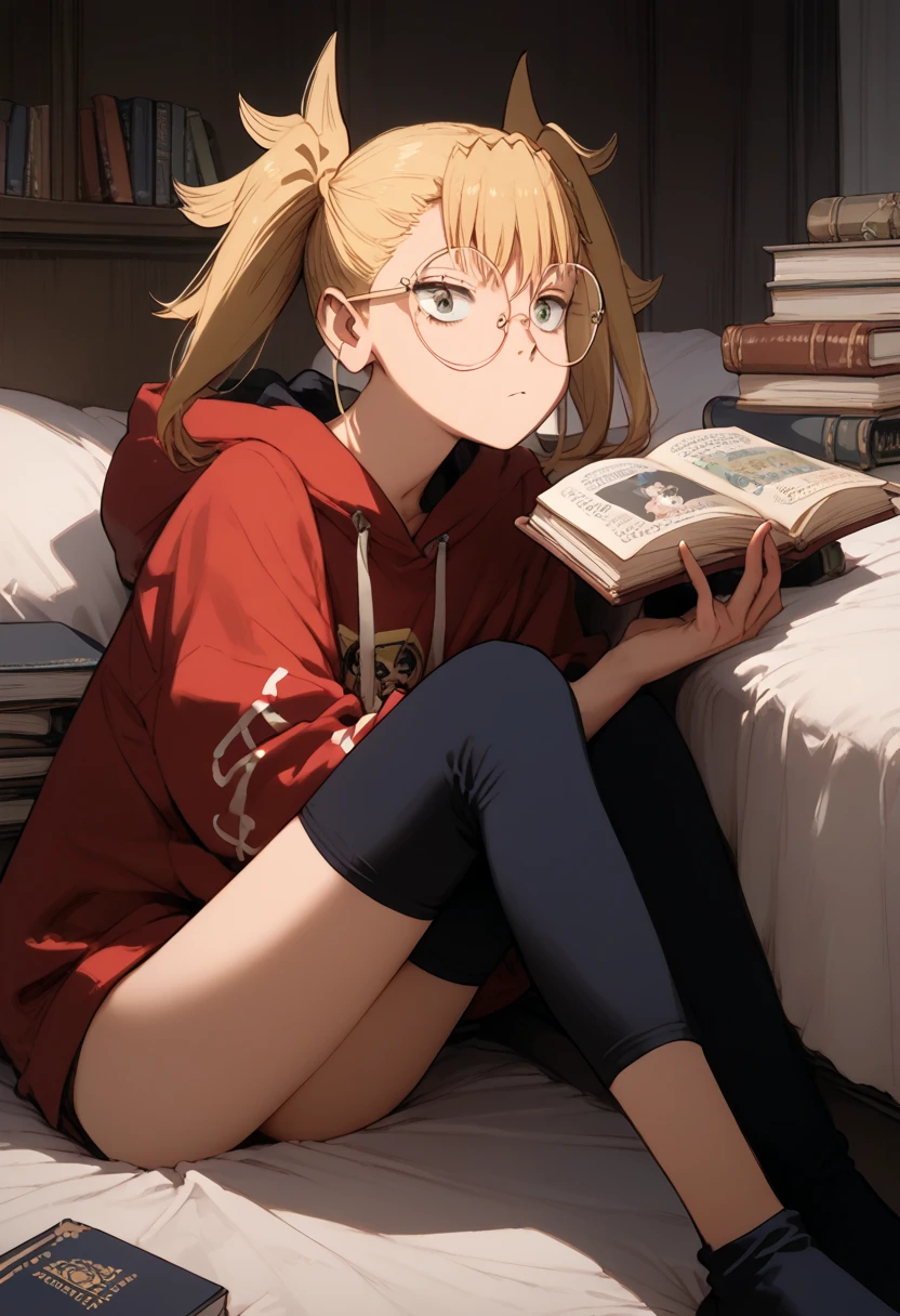 (masterpiece) (ultra_detailed) (best quality) shinomiya kikoru, 1girl, slim, fit, anime look, anime style, wearing hoodie, on bed, reading book, in a room, with bookselfs, wearing round glasses 