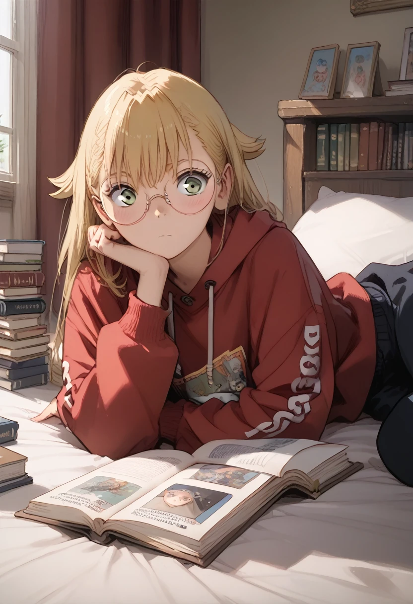 (masterpiece) (ultra_detailed) (best quality) shinomiya kikoru, 1girl, slim, fit, anime look, anime style, wearing hoodie, on bed, reading book, in a room, with bookselfs, wearing round glasses 