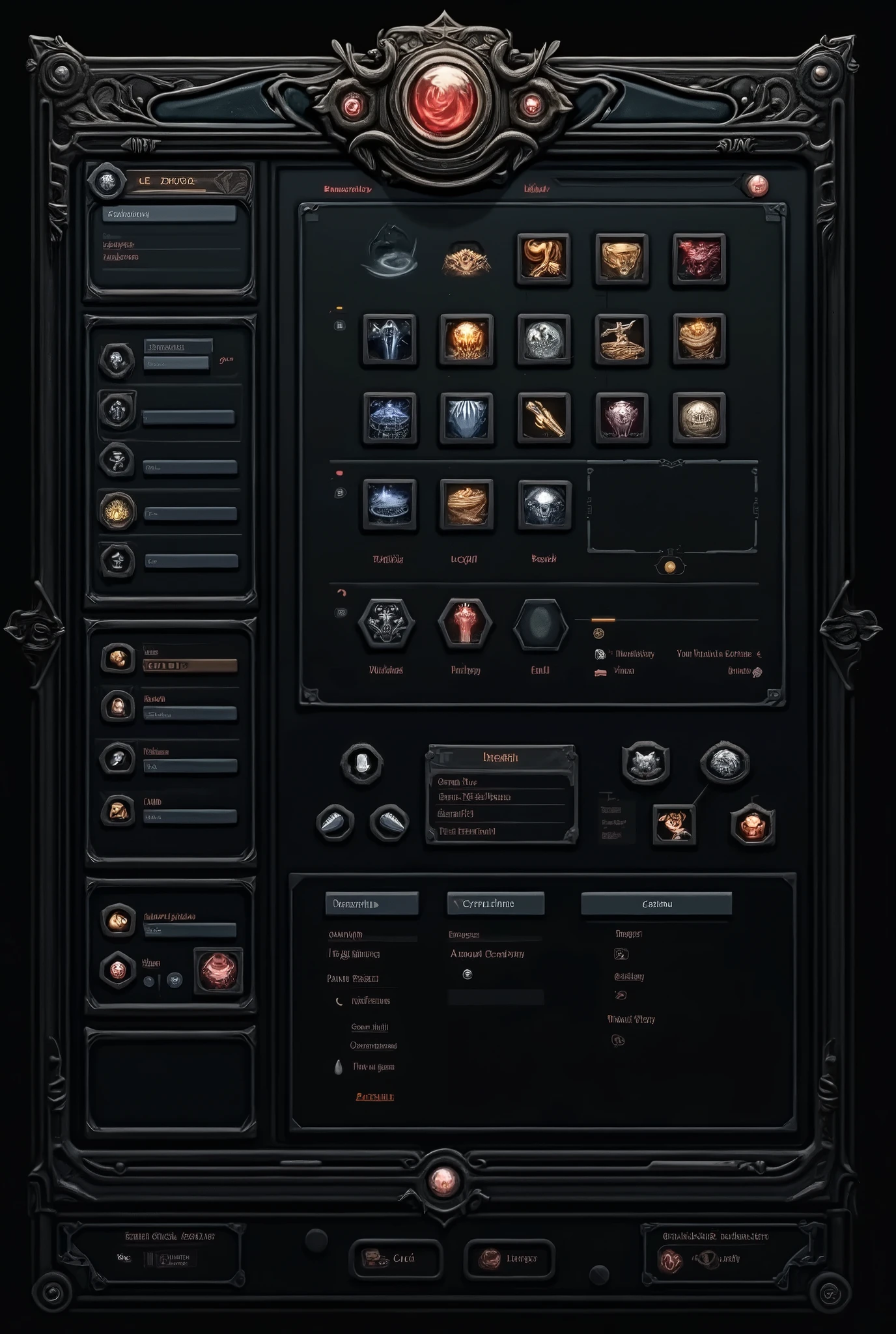 A realistic MMORPG game UI designer interface, dark color scheme, stylish square and rectangular buttons, intricate inventory layout, sleek minimalistic aesthetic, high-resolution graphics, best quality, ultra-detailed.