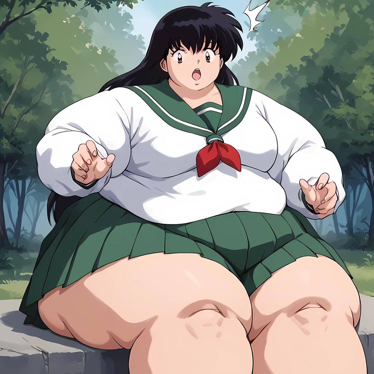 score_9, score_8_up, score_7_up, source_anime,
kagomehigurashi, kagome higurashi, long hair, black hair, retro artstyle, brown eyes, surprised reaction, shouting, open mouth,
skirt, shirt, long sleeves, school uniform, white shirt, pleated skirt, serafuku, sailor collar, green skirt, 
outdoors, forest, nature,
looking at viewer,  fat, chubby, obese, gigantic arms and legs,  sitting,  huge ass,