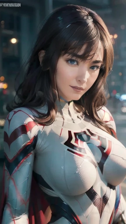 (masterpiece, 8K Resolution, Ultra-realistic,    several people enjoy each other while drawing in great detail ), (  superhero theme in a white costume , Charisma, 1 female, Japanese actress with big breasts ,  Spider Gwen（Spider-Gwen   Spider-Man   costume,   superheroine ), [((23 years old), ( long brown hair :1.2), whole body, (  blue eyes:1.2), (  Spider-Man  &#39;  dynamic pose  ) ((insufficient々New urban environment):0.8)| (cityscape, At night,   Dynamic Light  ), (full moon))], big, Round breasts sticking out of the body  ,  Narrow waist and abs , big round butt ,   erect,  Pussy that shows the shape of streaks even from the top of the costume ,  Beautifully balanced body line ,  wears a neck down costume ,   Ultra thin costume with the shape of her nipples , , and pussy, コスチュームの胸には Spider-Man と同じのマークがある, 彼女はニューヨークのタイムズスクエアの屋上で逆立ちした dynamic pose をしてます,  happy smiles dancing on the beach, 彼女のwhole bodyを照らす太陽の自然光, 水平アングルでwhole bodyが写るのポートレート,  Anatomically correct , 