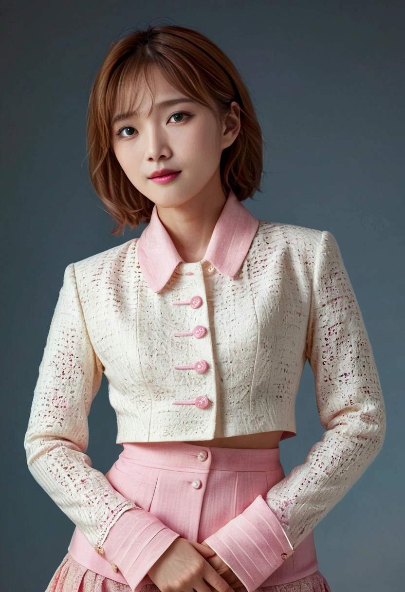 A Korean man in ladies vintage suit dress, he is crossdresser, body like a woman, slender female body, white and pink, long sleeves, cropped jacket, mermaid line long skirt, tweed