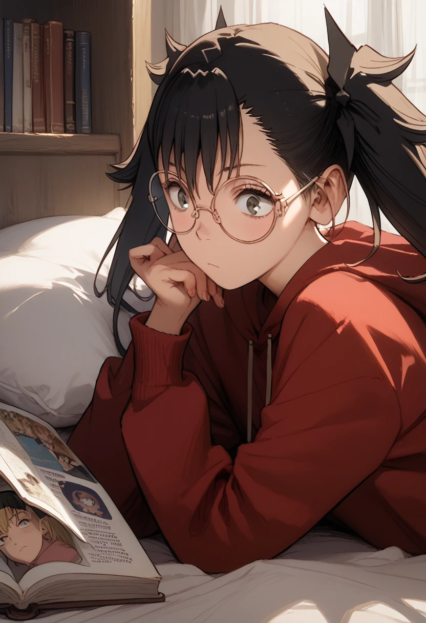 (masterpiece) (ultra_detailed) (best quality) shinomiya kikoru, 1girl, slim, fit, anime look, anime style, wearing hoodie, on bed, reading book, in a room, with bookselfs, wearing round glasses 