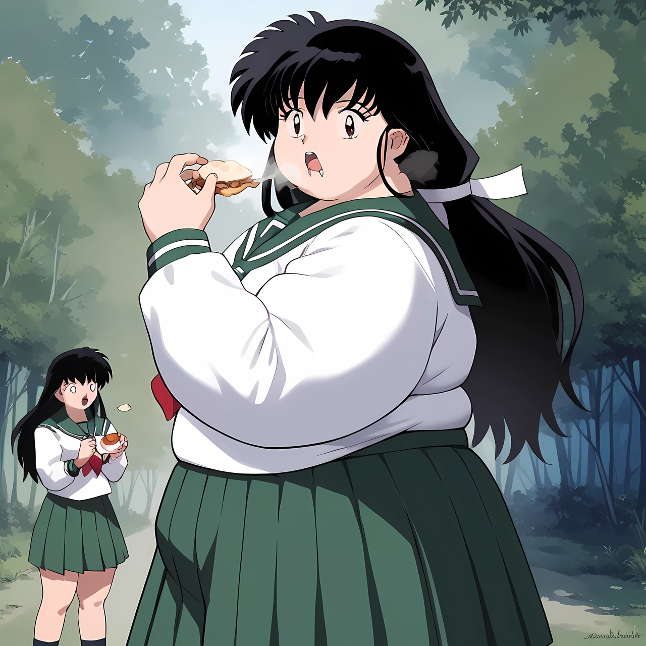 score_9, score_8_up, score_7_up, source_anime,
kagomehigurashi, kagome higurashi, long hair, black hair, retro artstyle, brown eyes, surprised reaction, shouting, open mouth,
skirt, shirt, long sleeves, school uniform, white shirt, pleated skirt, serafuku, sailor collar, green skirt, 
outdoors, forest, nature,
looking at viewer,  fat, chubby, obese, gigantic arms and legs, eating food, out of breath, drooling, side view