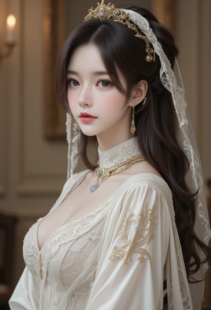 (Gold Style),A asian Woman in white dress , gothic art, in Victorian aristocracy, amazing details, Victorian city, stunning delicate photo, steampunk sci-fi, in 1890s era clothing, high detail on clothing, lace dress, 1900s photography, in gorgeous clothing, perfect intricate, stunning look --ar 3:5