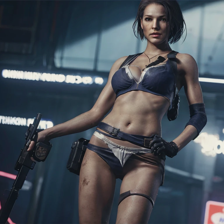 There's a cyborg woman (8k) wearing a futuristic leotard (best quality) standing in a cyberpunk city alley at night, darksynth aesthetic, red neons, haze, foggy night, ultra detailed, photorealistic, (1girl, solo, alone), large-breast:1.2 slim body, cleavage:1.1, (black sunglasses), (((she raised a pistol:1.8 and shot the viewer))), dynamic pose, (((half-body thigh level medium shot))), cinematic lighting, lens flare, ray tracing.