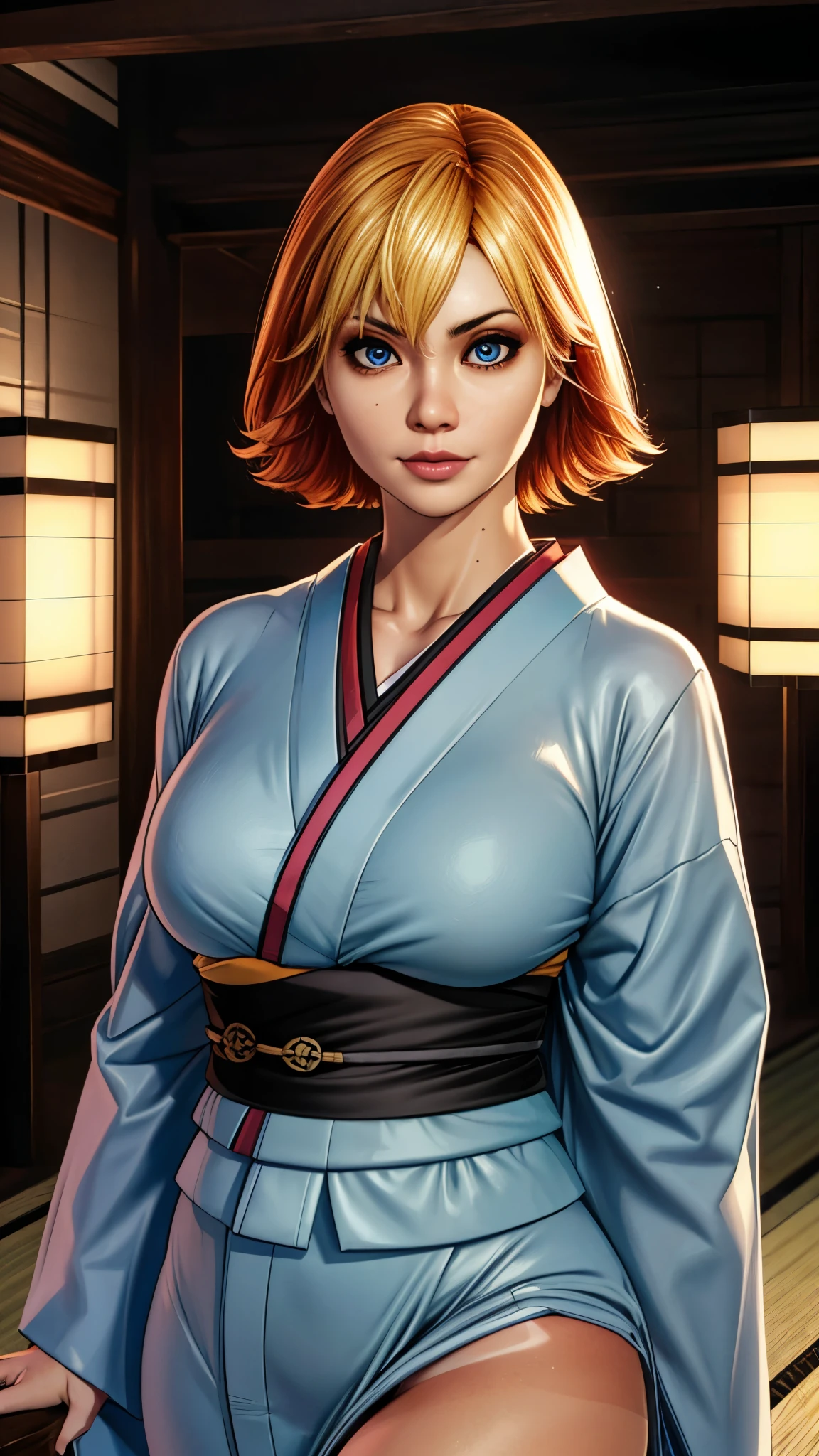 joanna dark, short hair, red hair, blonde hair, blue eyes, (((sexy kimono))), (((tanned skin))), ((fit body)), photorealistic, masterpiece, realistic, realism, photorealism, high contrast, photorealistic, 8k HD high definition detailed realistic, detailed, skin texture, hyper detailed, realistic skin texture, best quality, (photorealistic:1.4), high resolution, detailed, raw photo, photo realistic, (high detailed skin:1.2), 8k uhd, dslr, soft lighting, high quality, film grain, Fujifilm XT3), hyper realistic lifelike texture dramatic lighting unreal engine, even, neutral light, key light, bold, bright colours, (((japanese mansion, traditional japanese mansion)))