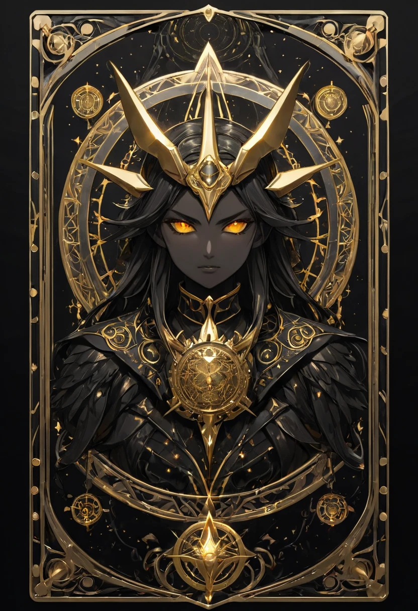 anime, magical tarot card game, bronze frame, intricate center part, simple, minimalist. (black background), (magic gold), The representation emphasizes realistic and highly detailed features, black color, silver. magic sand, (daemon Baal).