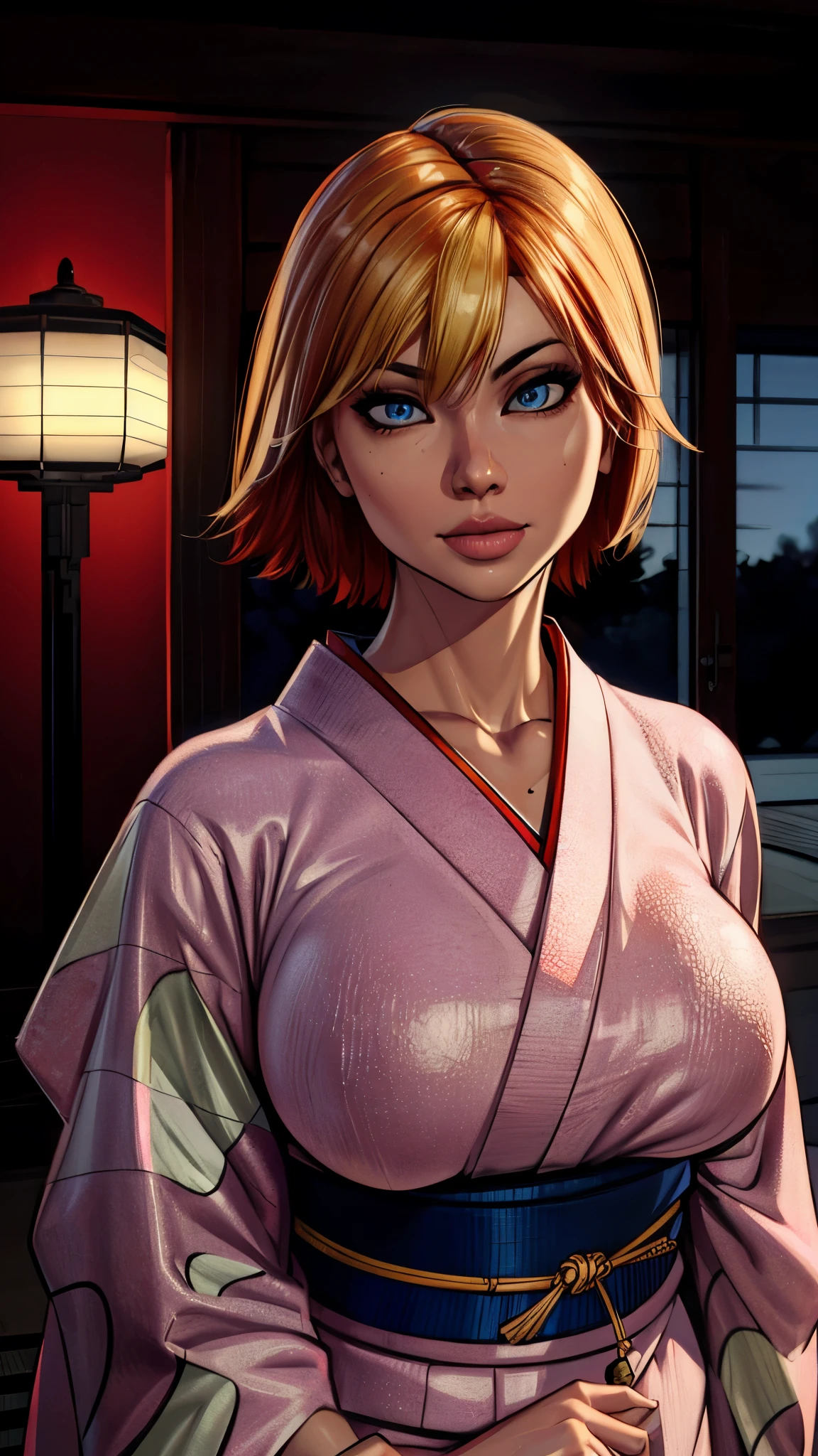 joanna dark, short hair, red hair, blonde hair, blue eyes, (((sexy kimono))), (((tanned skin))), ((fit body)), photorealistic, masterpiece, realistic, realism, photorealism, high contrast, photorealistic, 8k HD high definition detailed realistic, detailed, skin texture, hyper detailed, realistic skin texture, best quality, (photorealistic:1.4), high resolution, detailed, raw photo, photo realistic, (high detailed skin:1.2), 8k uhd, dslr, soft lighting, high quality, film grain, Fujifilm XT3), hyper realistic lifelike texture dramatic lighting unreal engine, even, neutral light, key light, bold, bright colours, (((japanese mansion, traditional japanese mansion))), in PIT-Erotic-style style