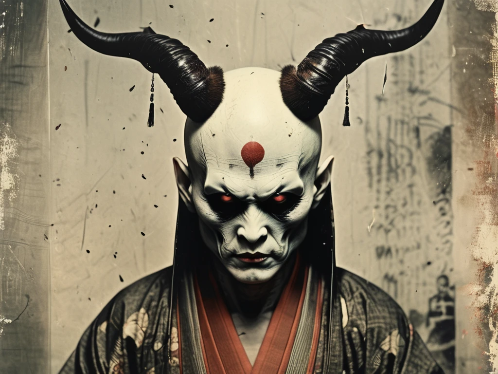 ghost、Baldhead、Only the head is abnormally large、There is a red and black lump on the forehead,The horns grow out、cry、Wearing a Kimono,Dirty skin color、