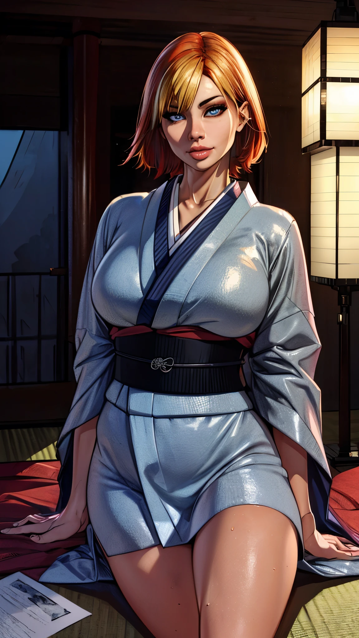 joanna dark, short hair, red hair, blonde hair, blue eyes, (((sexy kimono))), (((tanned skin))), ((fit body)), photorealistic, masterpiece, realistic, realism, photorealism, high contrast, photorealistic, 8k HD high definition detailed realistic, detailed, skin texture, hyper detailed, realistic skin texture, best quality, (photorealistic:1.4), high resolution, detailed, raw photo, photo realistic, (high detailed skin:1.2), 8k uhd, dslr, soft lighting, high quality, film grain, Fujifilm XT3), hyper realistic lifelike texture dramatic lighting unreal engine, even, neutral light, key light, bold, bright colours, (((japanese mansion, traditional japanese mansion))), in PIT-Erotic-style style