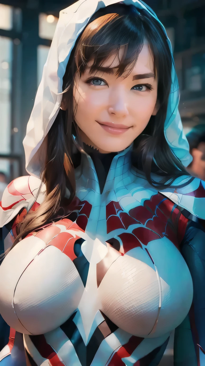 (masterpiece, 8K Resolution, Ultra-realistic,    several people enjoy each other while drawing in great detail ), (  superhero theme in a white costume , Charisma, 1 female, Japanese actress with big breasts ,  Spider Gwen（Spider-Gwen   spider-man   costume,   superheroine ), [((23 years old), ( long brown hair :1.2), whole body, (  blue eyes:1.2), (  spider-man  &#39;  dynamic pose  ) ((insufficient々New urban environment):0.8)| (cityscape, At night,   Dynamic Light  ), (full moon))], big, Round breasts sticking out of the body  ,  Narrow waist and abs , big round butt ,   erect,  Pussy that shows the shape of streaks even from the top of the costume ,  Beautifully balanced body line ,  wears a neck down costume ,   Ultra thin costume with the shape of her nipples , , and pussy, コスチュームの胸には spider-man と同じのマークがある,  she is doing a dynamic pose standing on the roof of Times Square in New York,  happy smiles dancing on the beach, Natural sunlight illuminating her whole body ,  portrait showing her whole body at a horizontal angle ,  Anatomically correct , 