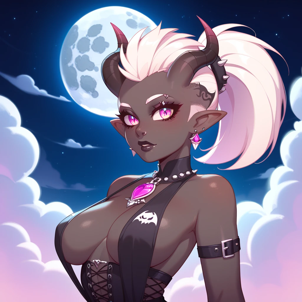 score_9, score_8_up, score_7_up, ((Masterpiece)), ((highres)), ((1person, 1girl, 1female)), Random poses, beautifully detailed succubus girl, ((white mohawk w/ponytail)), defined elf ears with ear guages, defined eyes, pastel iris, long eye lashes, defined nose, black lipstick, curvy, (((Black skin))), black demon horns, breasts, night sky, pastel gothic style, gothic style art, gothic asthetic, ((Standing in a dense foresty area with clouds and a moon over head))
