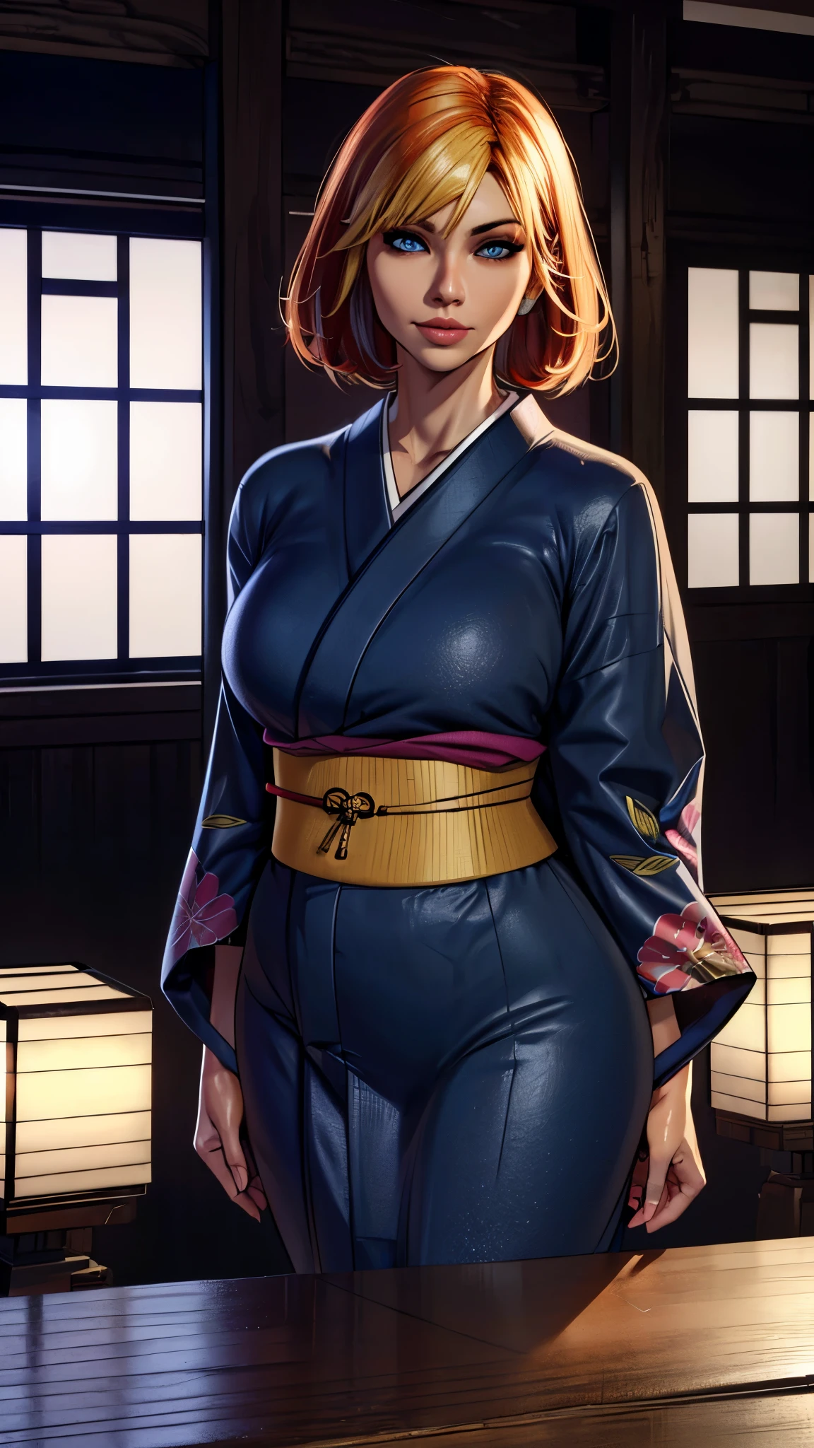 joanna dark, short hair, red hair, blonde hair, blue eyes, (((sexy kimono))), (((tanned skin))), ((fit body)), photorealistic, masterpiece, realistic, realism, photorealism, high contrast, photorealistic, 8k HD high definition detailed realistic, detailed, skin texture, hyper detailed, realistic skin texture, best quality, (photorealistic:1.4), high resolution, detailed, raw photo, photo realistic, (high detailed skin:1.2), 8k uhd, dslr, soft lighting, high quality, film grain, Fujifilm XT3), hyper realistic lifelike texture dramatic lighting unreal engine, even, neutral light, key light, bold, bright colours, (((japanese mansion, traditional japanese mansion))), in PIT-Erotic-style style