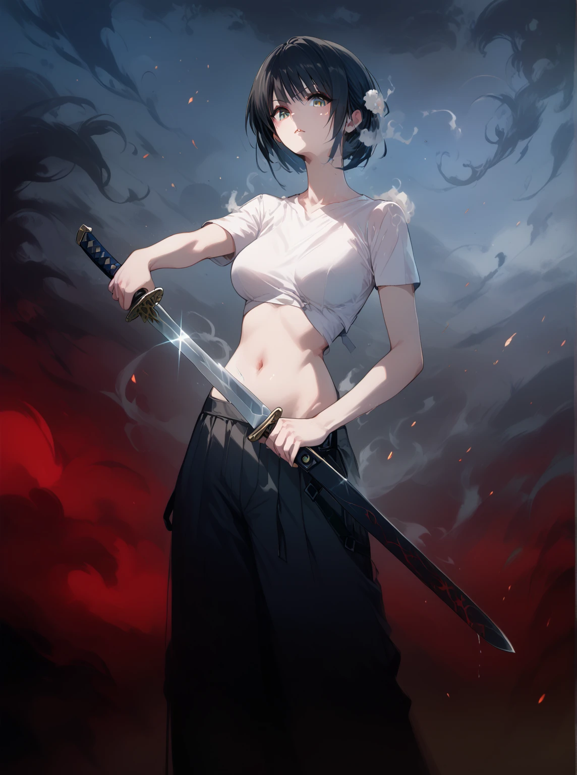  with a sword in smoke, she is holding a knife sword, She has a sword, unsheathing her knife, Sword Holding Pose ,  with big sword , knife, holding knife, With a sword on his shoulder, holding a black knife,  holding a black sword , holding a knife