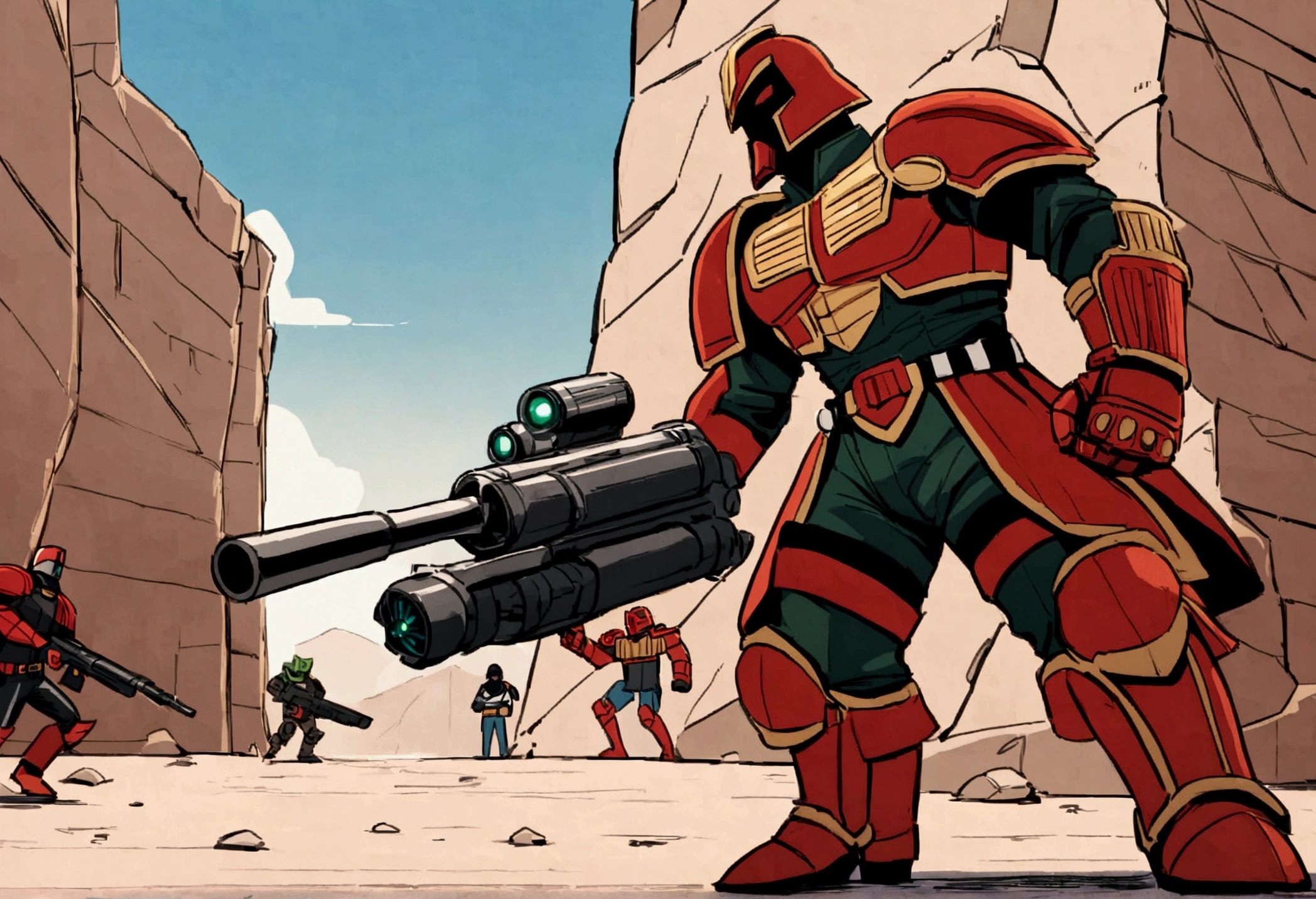 Comics judge dredd in a cowboy themed armor and broad rimmed hat helmet, big badge, huge gun. He is confronting cyborg villain cowboys, explosive shootout, high danger, broken cyborgs
