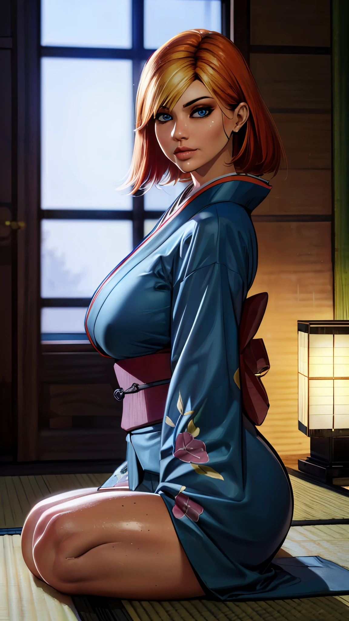 joanna dark, short hair, red hair, blonde hair, blue eyes, (((sexy kimono))), (((tanned skin))), ((fit body)), photorealistic, masterpiece, realistic, realism, photorealism, high contrast, photorealistic, 8k HD high definition detailed realistic, detailed, skin texture, hyper detailed, realistic skin texture, best quality, (photorealistic:1.4), high resolution, detailed, raw photo, photo realistic, (high detailed skin:1.2), 8k uhd, dslr, soft lighting, high quality, film grain, Fujifilm XT3), hyper realistic lifelike texture dramatic lighting unreal engine, even, neutral light, key light, bold, bright colours, (((japanese mansion, traditional japanese mansion))), in PIT-Erotic-style style