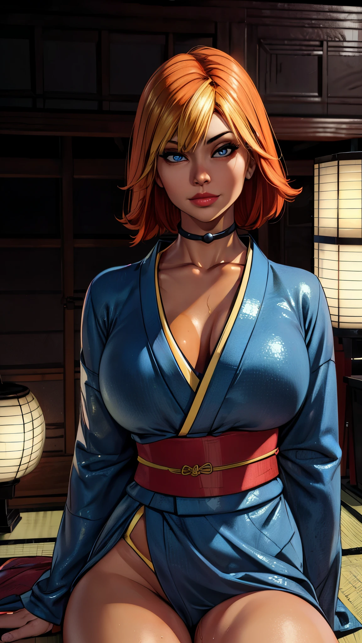 joanna dark, short hair, red hair, blonde hair, blue eyes, (((sexy kimono))), (((tanned skin))), ((fit body)), photorealistic, masterpiece, realistic, realism, photorealism, high contrast, photorealistic, 8k HD high definition detailed realistic, detailed, skin texture, hyper detailed, realistic skin texture, best quality, (photorealistic:1.4), high resolution, detailed, raw photo, photo realistic, (high detailed skin:1.2), 8k uhd, dslr, soft lighting, high quality, film grain, Fujifilm XT3), hyper realistic lifelike texture dramatic lighting unreal engine, even, neutral light, key light, bold, bright colours, (((japanese mansion, traditional japanese mansion))), in PIT-Erotic-style style