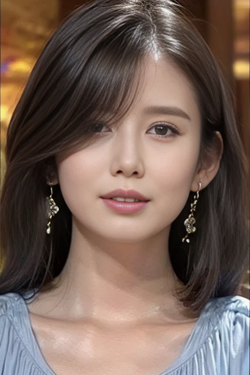  High Quality, 4K, 8k,  realistic , A woman wearing a random colored shirt and earrings,  Upper Body Shots , Age 30、Smile、beautiful、High-end products、Custom Made Clothing,  elegant 、Sparkling Eyes、 stare 、
