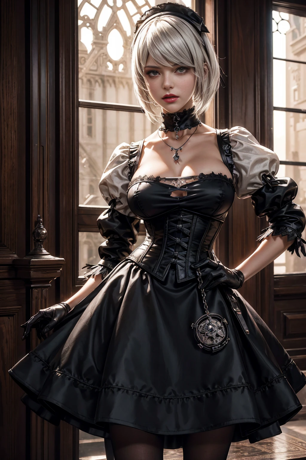 NSFW, masutepiece, 4K, Award-winning, Very classy, Extremely beautiful, Extremely beautiful woman, Very narrow eyes and face, wearing corset, black garter belt and stockings, (((Very small : 1. 2))), Woman sitting on sofa with chain around waist, 2b, 2 b, Beautiful steampunk anime woman,. G-Wise at Pixiv Art Station, Gwise on Art Station Pixiv, guweiz, By Jan J, Artwork in the style of Gwise, Gwise's masterpiece, rococo cyberpunk , very tight corset, very sexy come, Very delicate face and skin texture, Delicate eyeliner double eyelids, long eyelashes, Nice double eyelids, Very fine eyeshadow, Narrow eyes, three white, Dark Eye Makeup, evil smile, Pretty, nice legs, Tie short hair back, very sexy costu Sticky tongue, Vaginal promi, Vaginal discharge, ing, Photo 4 Kodak Portra 400 camera and f1.6 6-color lens, ultra realistic textures, Dramatic LightingUnreal Engine Art Station CineStar 800 Trendy Tungsten Light, heels, Stockings