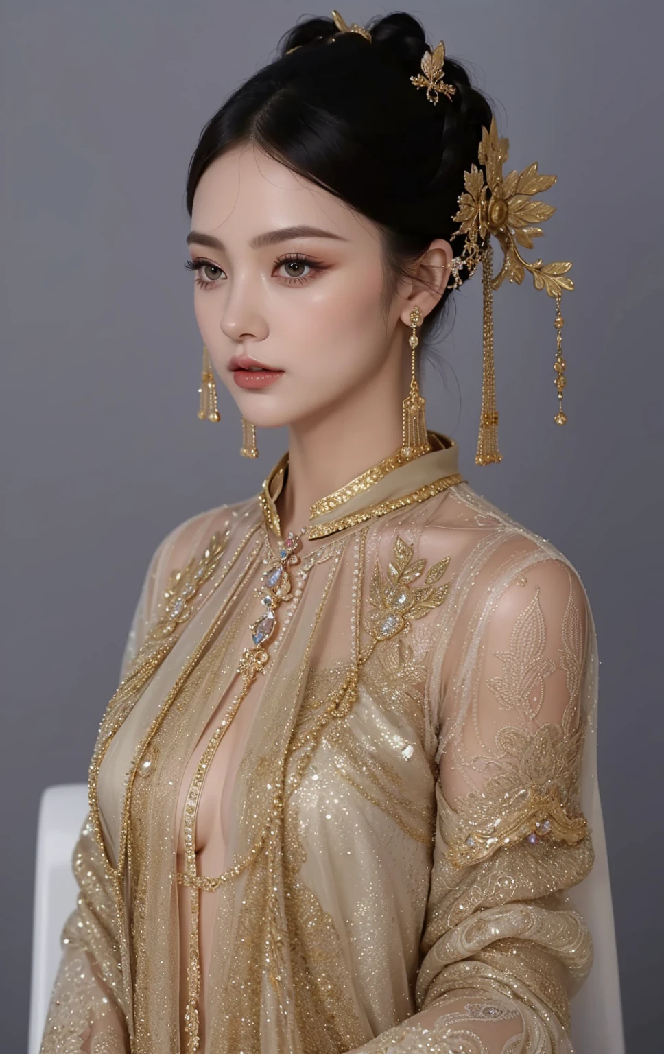 ((Wide shot:1.4))(Photorealistic:1.5),((Detailed beautiful face, detailed beautiful wide eyes, 8K olive green pupil:1.3)),((masterpiece,ultra high quality, ultra high resolution:1.2)),((realistic skin, very detailed details:1.2)),(unity 16K wallpaper:1.1),(HD quality,HDR),((The style of a surrealist painter, a masterpiece of ultra-realistic portraits, an epic work of a photography expert)),((nikon d750 f/1.4 55mm)),((dynamic angle,professional lighting, physically-based rendering)),((Bright colors)),
(Beautiful and Realistic thai girl),(Sexy and attractive face, perfectly proportioned body),((small breasts)),((light brown hair,long wavy hair,front ponytail)),((Venus of the East)),
((Thai princess:1.3)),(Gorgeous thai costumes with intricate details,Gorgeous dress,Gorgeous gold ornaments, intricate details,ornate jewelry accessories,Gorgeous fringe, intricate details,Various gemstones:1.2),((thai buddhist temple))