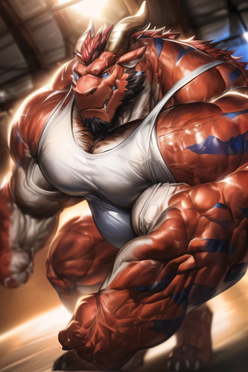 
bright red colored bara shark, white countershade, red skin,  strong physique, tribal tattoos, scarlet samurai hair in ponytail, cyan colored eyes, black sclera, very muscular, perfect anatomy, scars on body, full body view in frame,  solo, masterpiece, sexy pose, manly pose, beard, strong jaw, thick thighs, giant biceps,  muscular, shark tail, grin, amazing shading, full body, detailed hands, detailed eyes, detailed face, detailed arms,anthro, muscular, abs, (detailed:1.5), male, detailed background, by N-Art, 

 nude, featureless nude, spreading legs, legs in air, hands on legs, crotch focus, glutes, accurate muscles, in shower, steam, vapor, from below view, crotch close up, clear anatomy lines , close up of crotch, showing butt,showing quads, quadriceps, low angle view, 
