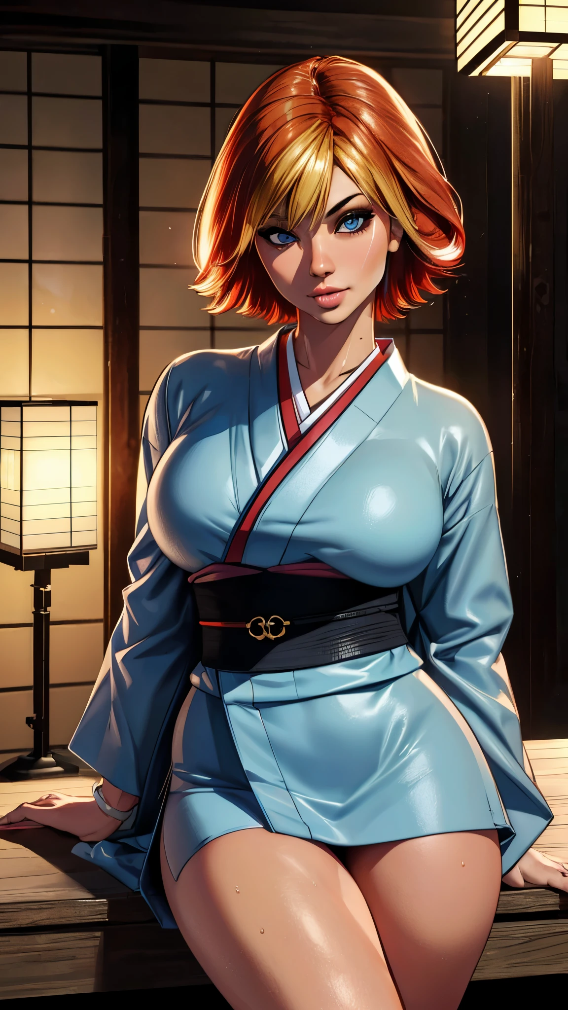 joanna dark, short hair, red hair, blonde hair, blue eyes, (((sexy kimono))), (((tanned skin))), ((fit body)), photorealistic, masterpiece, realistic, realism, photorealism, high contrast, photorealistic, 8k HD high definition detailed realistic, detailed, skin texture, hyper detailed, realistic skin texture, best quality, (photorealistic:1.4), high resolution, detailed, raw photo, photo realistic, (high detailed skin:1.2), 8k uhd, dslr, soft lighting, high quality, film grain, Fujifilm XT3), hyper realistic lifelike texture dramatic lighting unreal engine, even, neutral light, key light, bold, bright colours, (((japanese mansion, traditional japanese mansion))), th3p1t