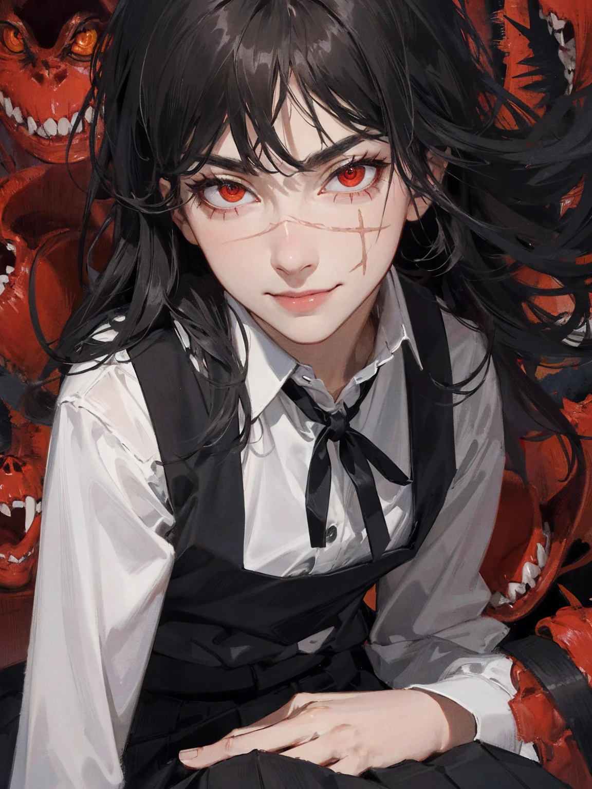 (masterpiece, best quality: 1.2), yoru\(chainsaw man\),(very detailed face, real image, realistic skin, realistic body, intricate details), (solo, upper body) evil smile,
serious, looking at the viewer, red eyes, school uniform, pinaforee dress, shirt, neck ribbon, close-up