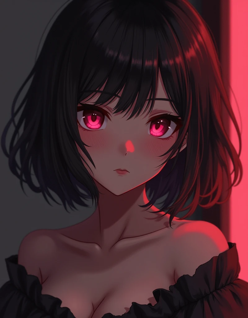 a woman of slender build and relatively tall stature with a noticeable bust. She has shoulder-length black hair, pale skin, and almond-shaped eyes. Her irises are cat-like in appearance and are of a plum red color. anime