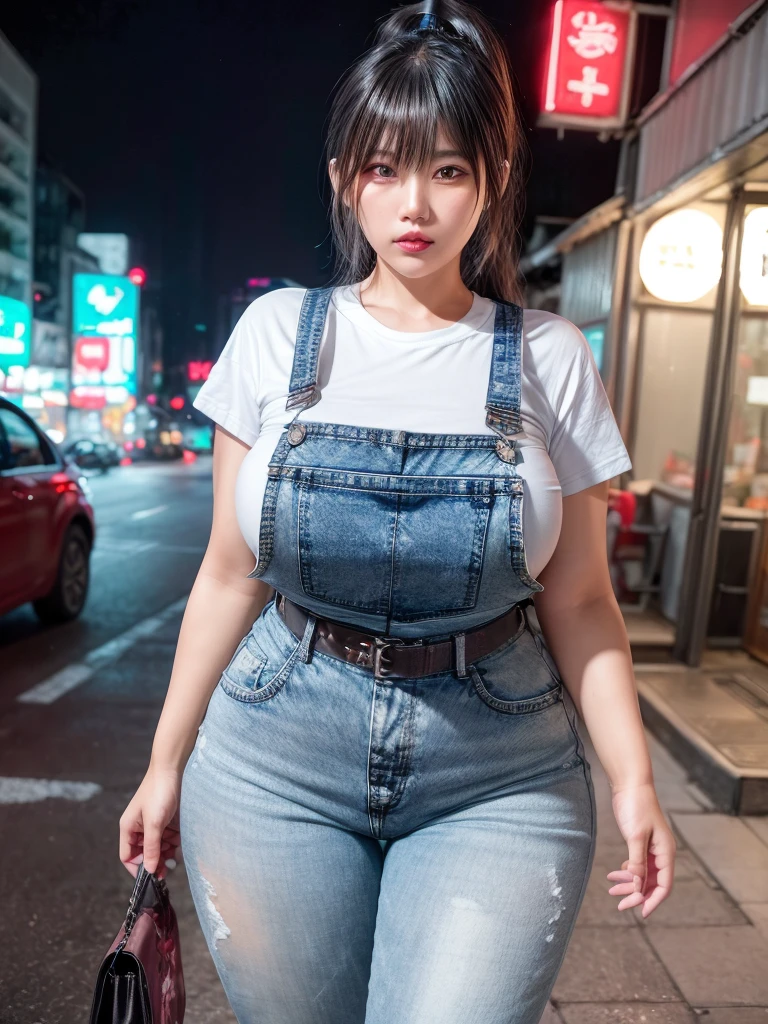 Woman, (((big ))), wide hips, (((legs))), (( Jean Bib, Tight T-shirt)), Standing from Above, Walking,  ponytail with bangs, neon city, night, soft lights, sexy, Asian, photographed on a Leica SL2, 50mm lens, F/4.0, Intricate, Cowboy Shot 