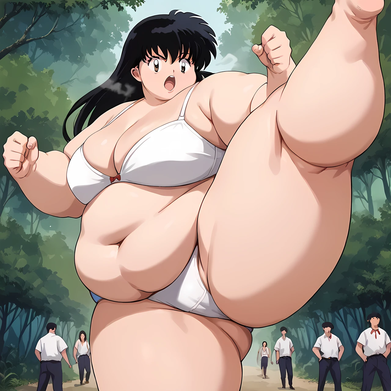 score_9, score_8_up, score_7_up, source_anime,
kagomehigurashi, kagome higurashi, long hair, black hair, retro artstyle, brown eyes, shouting, open mouth,
white bra and panties,
outdoors, forest, nature,
looking at viewer,  fat, chubby, obese, gigantic arms and legs, doing high kick, out of breath,