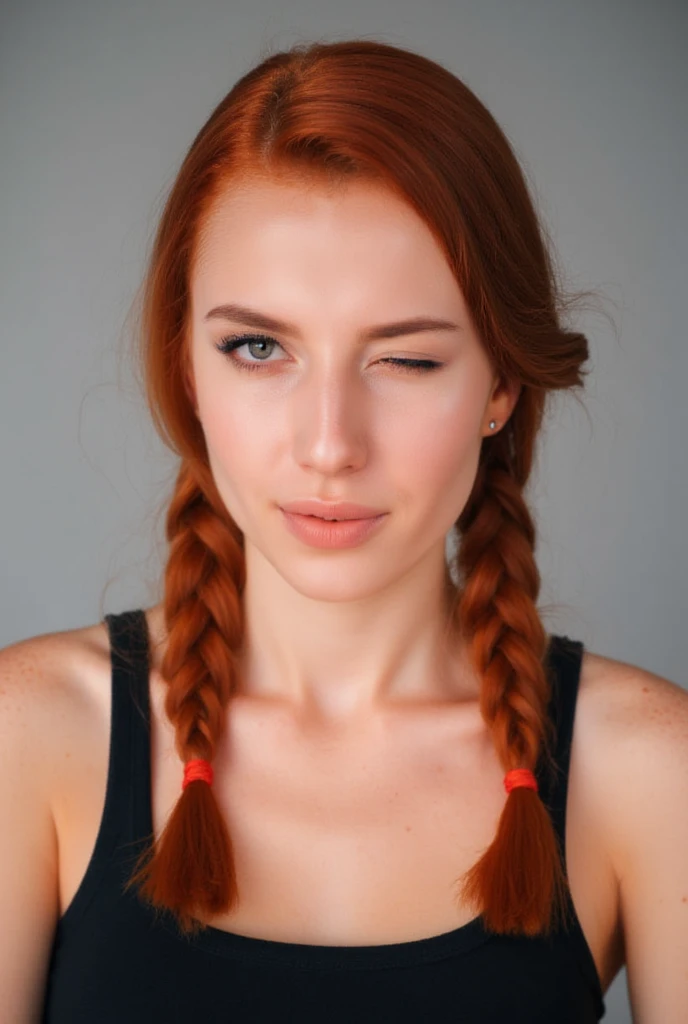 Woman, redhead, twin braids, pout, wink, one eye closed