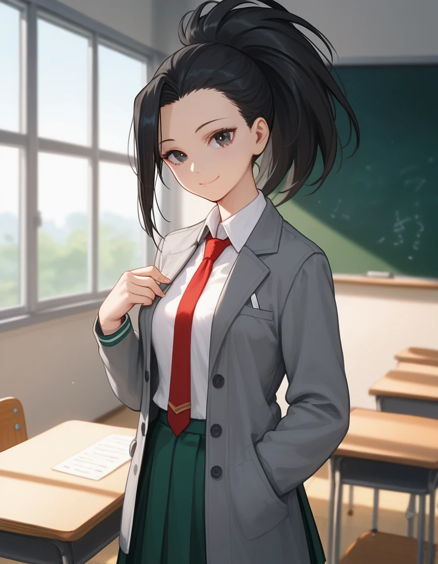 score_6_up, best quality, 1girl, solo, momo, long hair, bangs, black hair, ponytail, high ponytail, wide ponytail, student, grey school uniform, red tie, green skirt, at a classroom, grey coat, soft smile, looking at viewer 