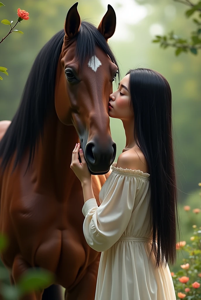 Young woman with dark straight black hair, Pretty girl with a real horse