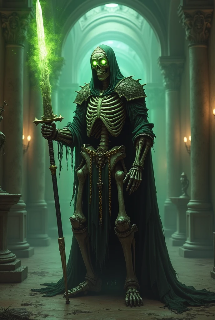 A masterpiece of ultra-fine detail, Dynamic, excellent quality,DonMT3chW0rldXL clone, Necromancer, Skeleton Appearance, torn robes, Sticks, Empty eye sockets, No life, No meat, crown, aura of Spiritism. immortal, Dark rituals, powerful, poisonous,  powerful施法者, Spiritism, Dark Magic, Dynamic,3d graphic,technologynological,sublimation , technology, Science Fiction, 