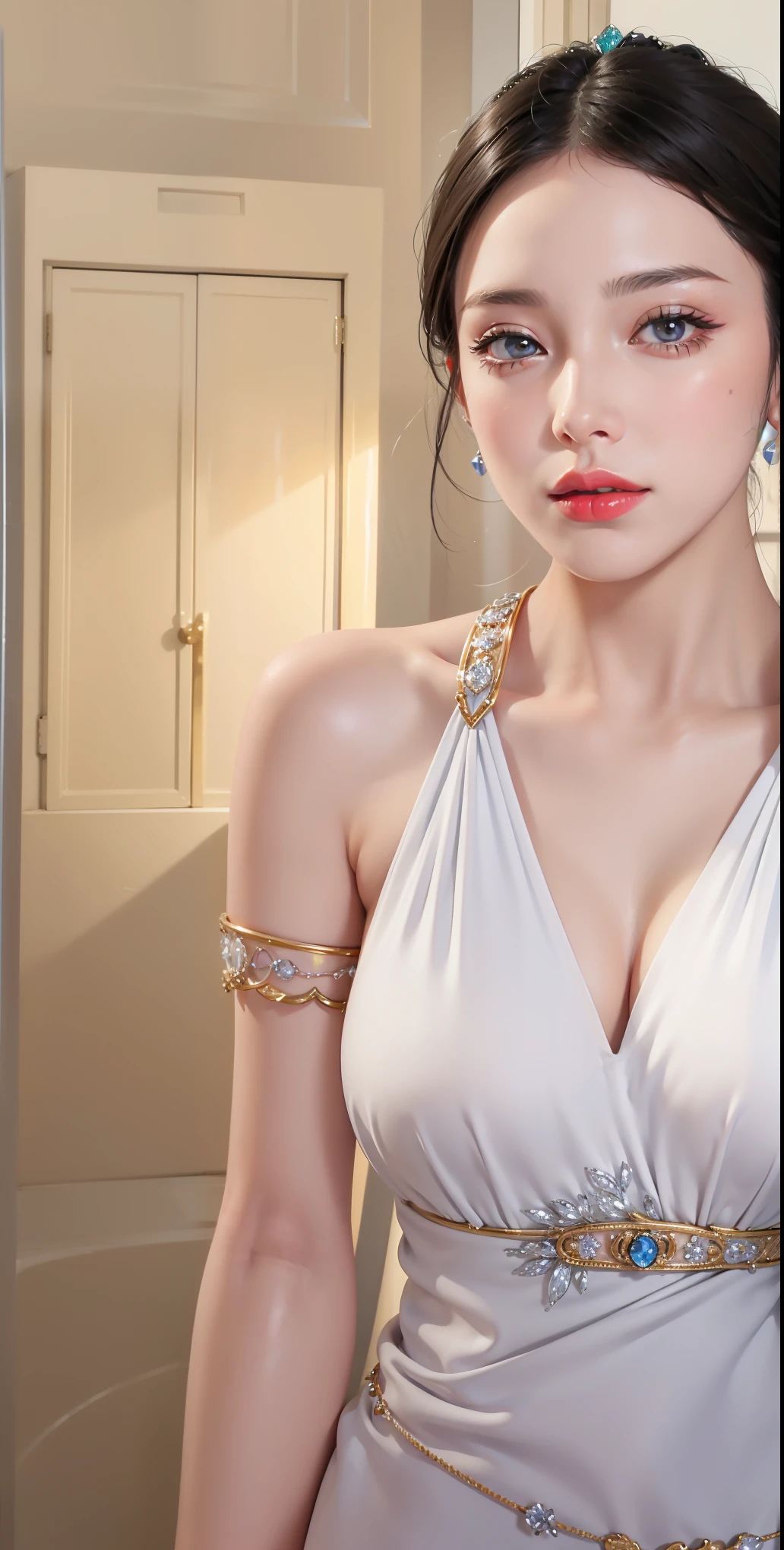 Masterpiece, Highest quality, HDR, high contrast, ((beautiful girl, Thai female soldier)), Bun hair, Highly detailed lips, Detailed eyes, Double eyelids, Makeup.
((Thai Fluke Set, Strapless shirt)),
Long legs_full body. sit down. Under the floor. ((dark background))